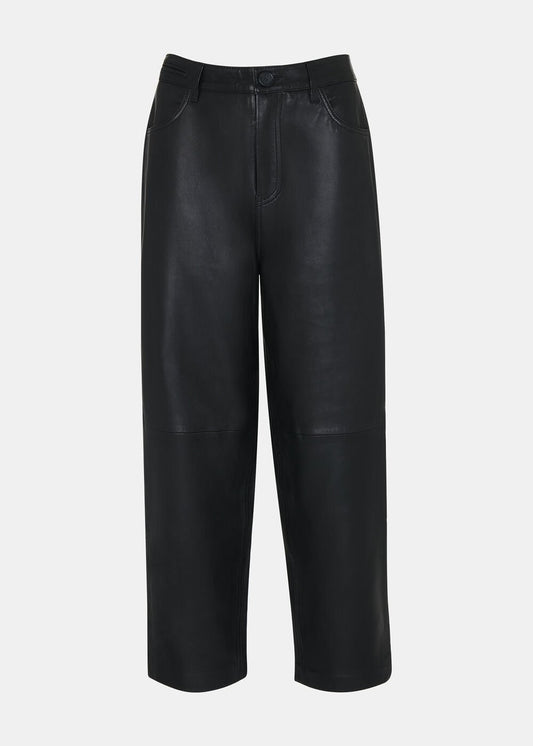 Black Leather Barrel Leg Trouser