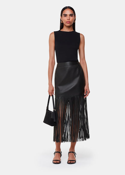 Black Leather Fringed Mini Skirt