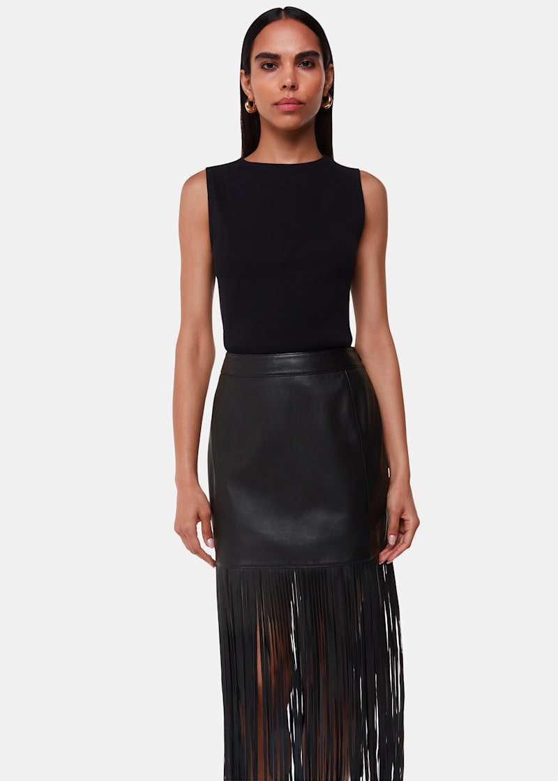 Black Leather Fringed Mini Skirt