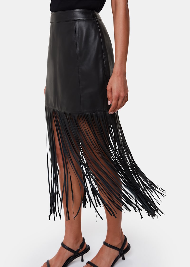 Black Leather Fringed Mini Skirt