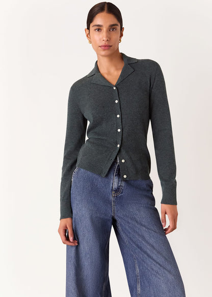 Dark Grey Cotton Blend Button Down Knit Top