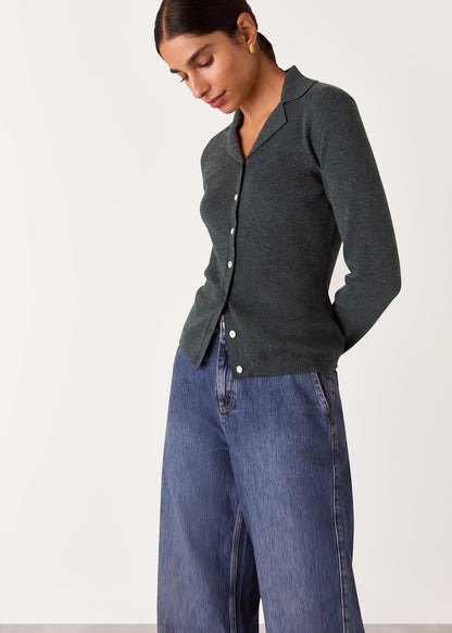 Dark Grey Cotton Blend Button Down Knit Top