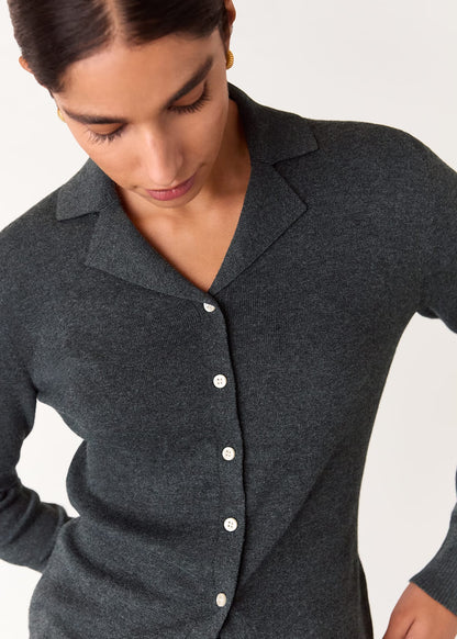 Dark Grey Cotton Blend Button Down Knit Top