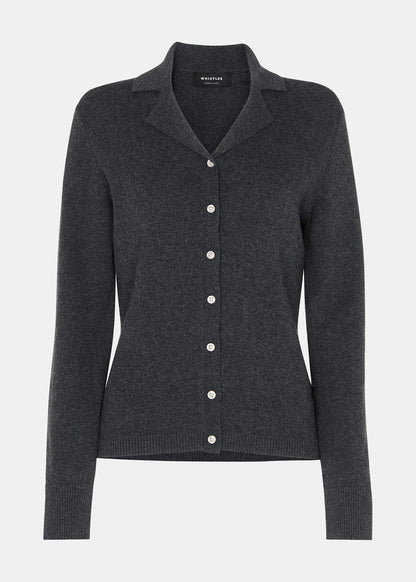 Dark Grey Cotton Blend Button Down Knit Top