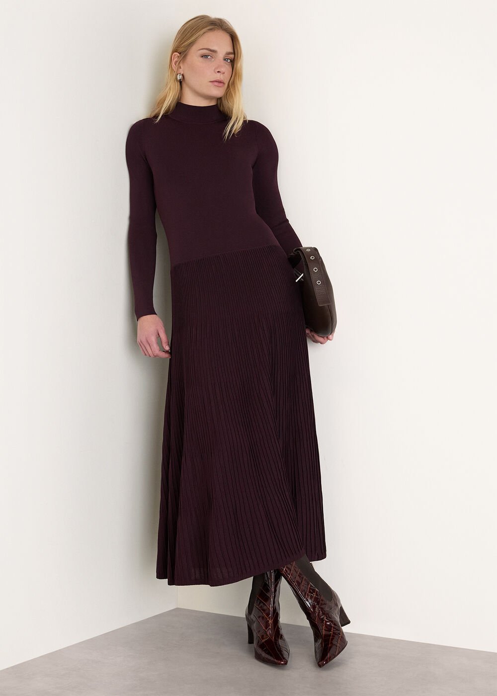 Plum Pleated Knit Dress