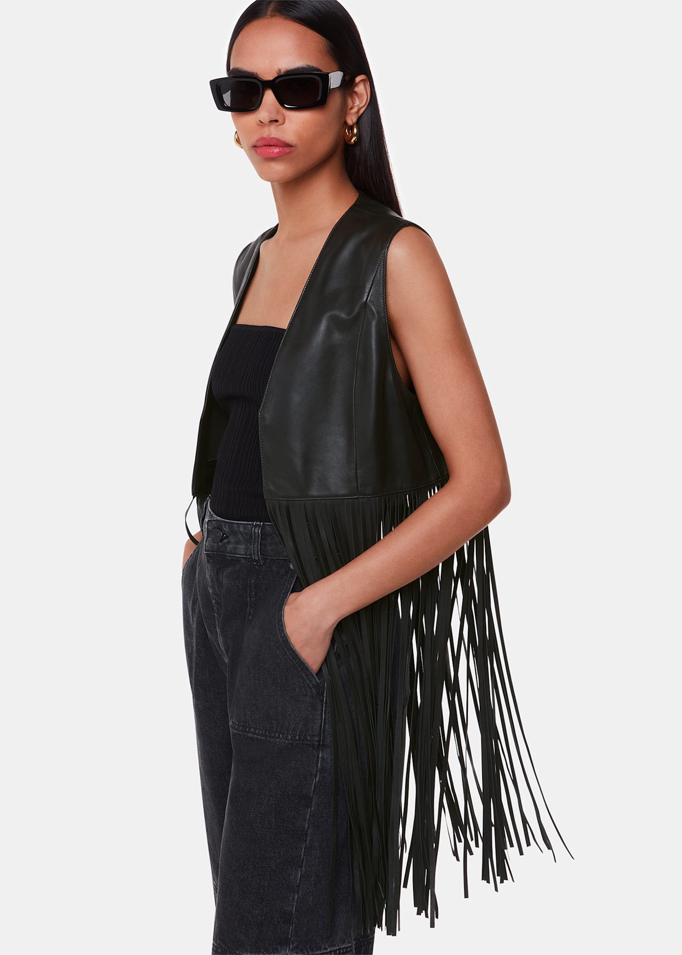 Black Rei Leather Fringed Waistcoat