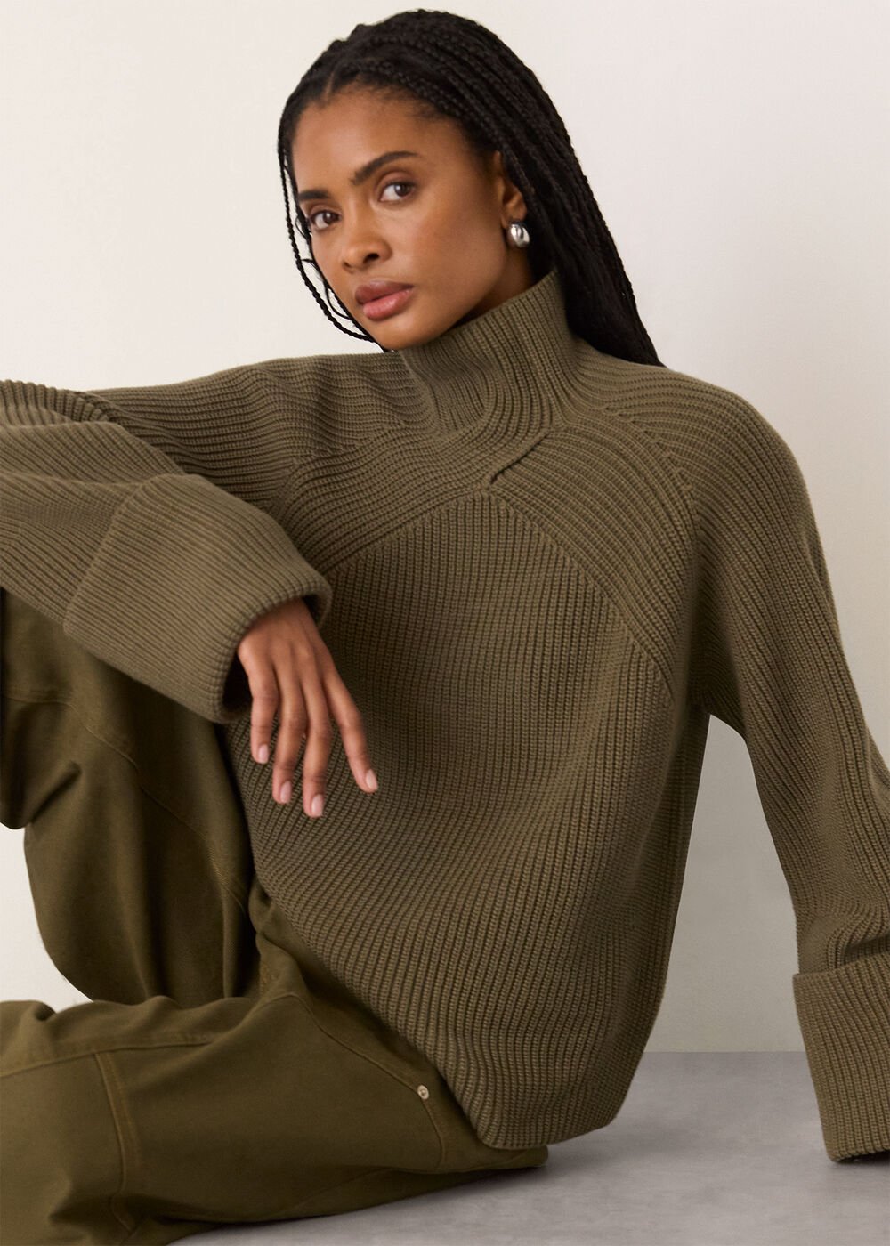 Khaki Rib Cable High Neck Jumper