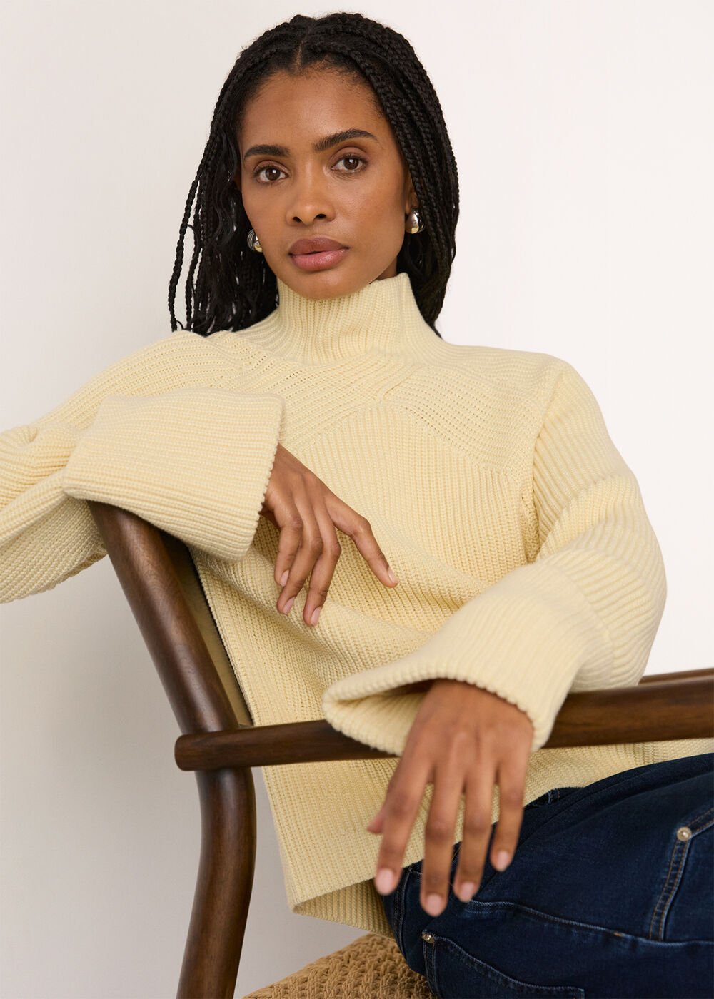 Butter Yellow Rib Cable High Neck Jumper