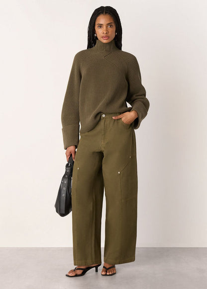 Khaki Rib Cable High Neck Jumper