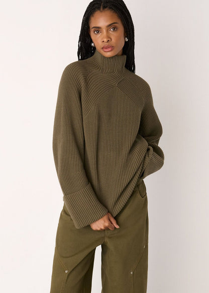 Khaki Rib Cable High Neck Jumper
