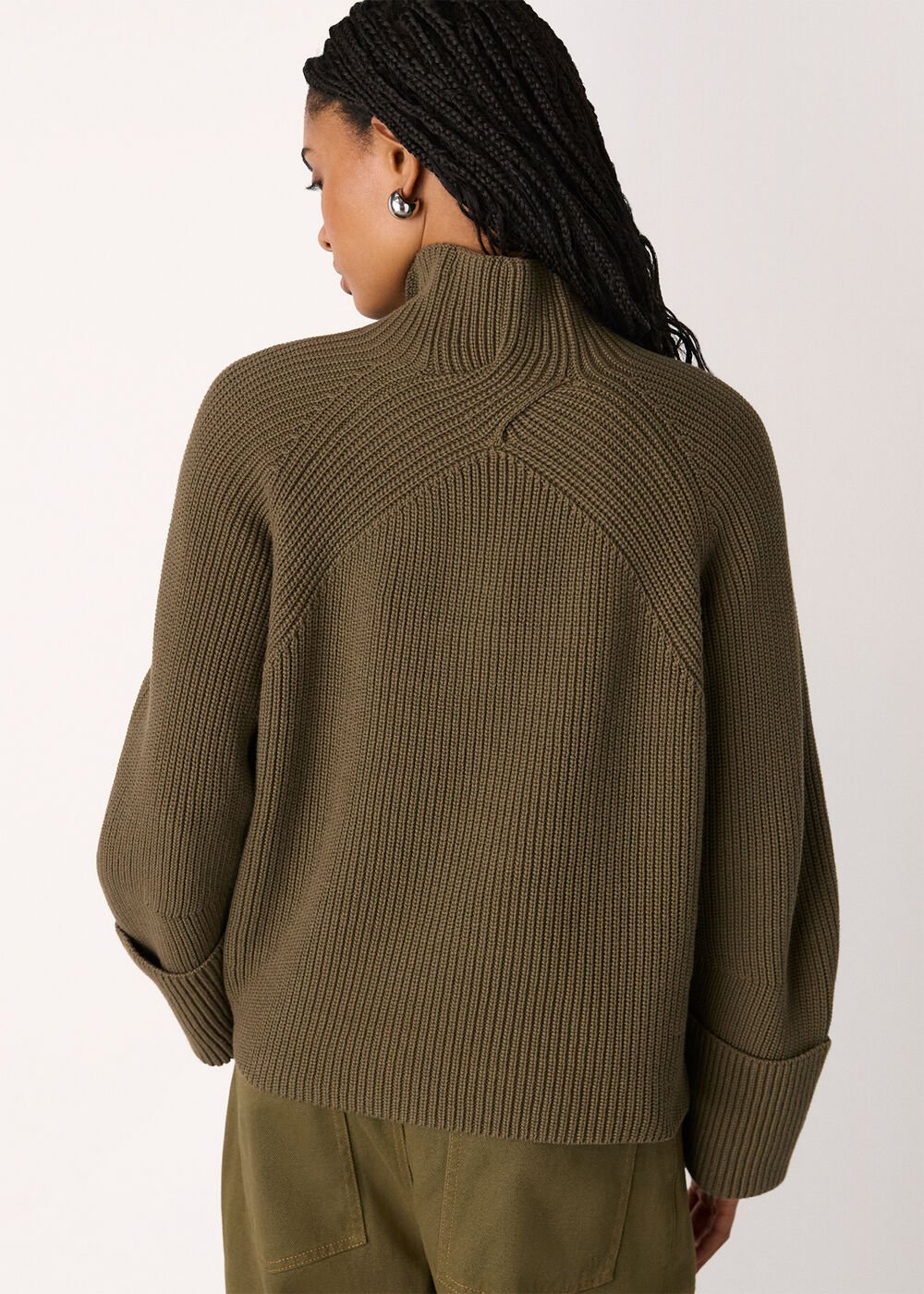 Khaki Rib Cable High Neck Jumper