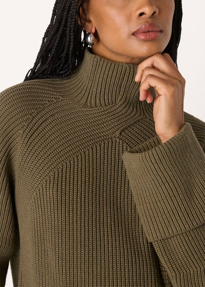 Khaki Rib Cable High Neck Jumper