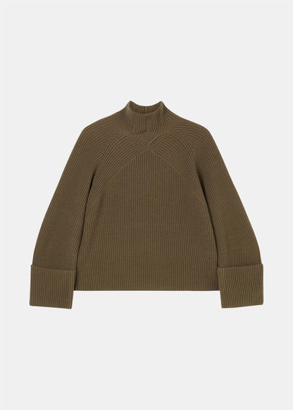 Khaki Rib Cable High Neck Jumper