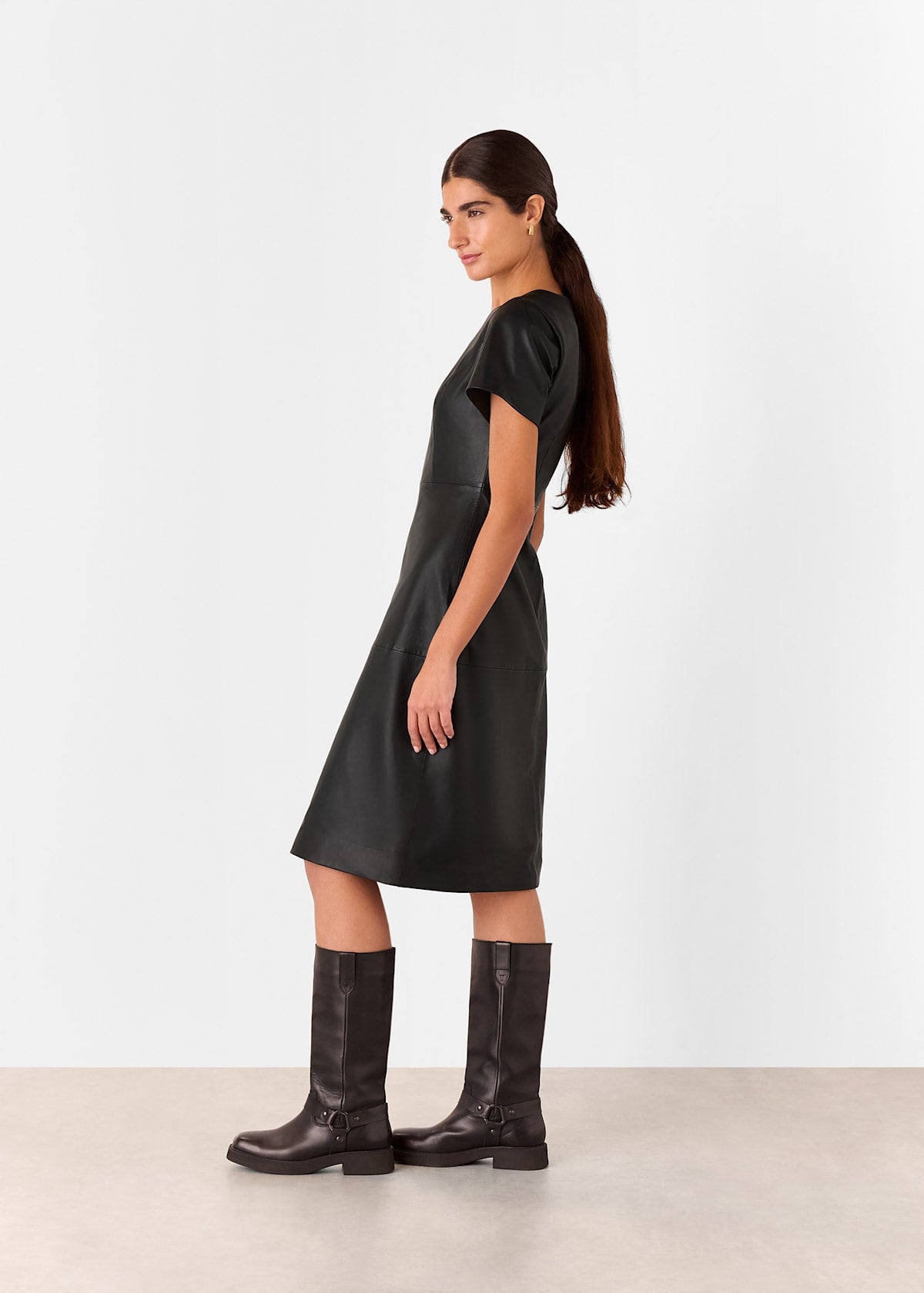 Black Rosamund A Line Leather Dress