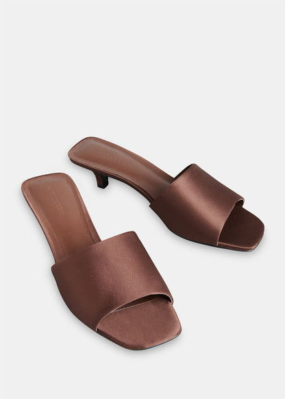 Brown Satin Slip On Heeled Mule