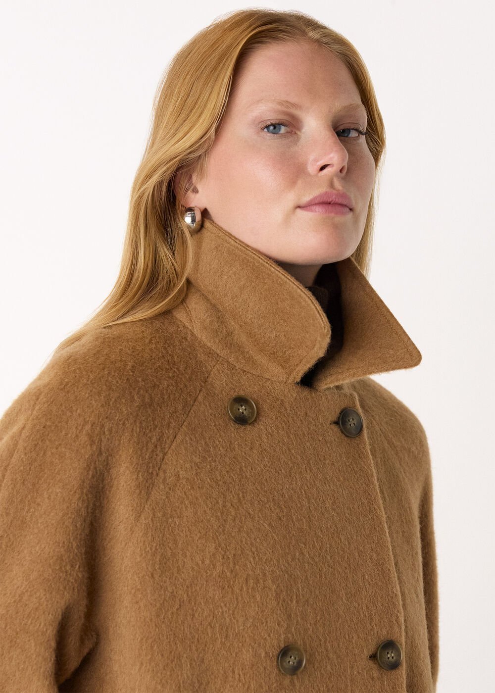 Camel Short Button Detail Wool Coat