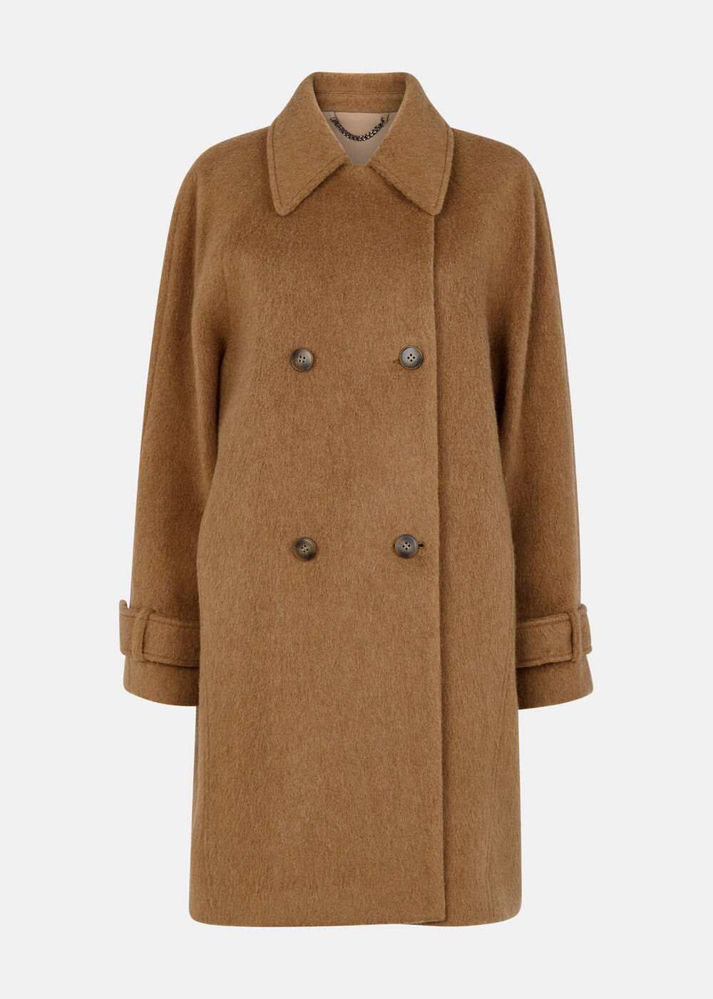 Camel Short Button Detail Wool Coat