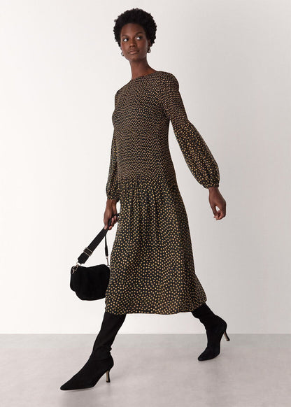 Black/Multi Spot Print Plisse Midi Dress