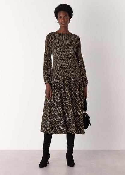 Black/Multi Spot Print Plisse Midi Dress