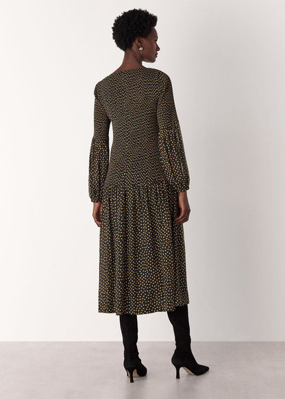 Black/Multi Spot Print Plisse Midi Dress