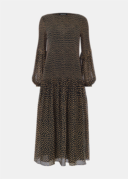 Black/Multi Spot Print Plisse Midi Dress
