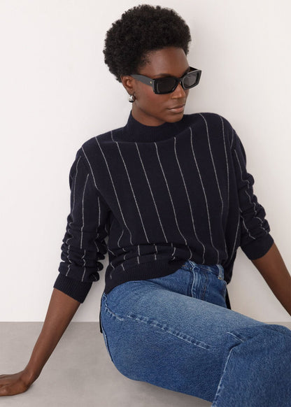 Navy Stripe Wool Funnel Neck Knit Top