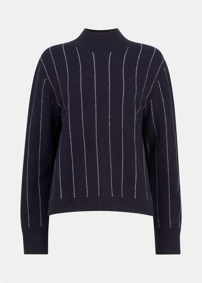 Navy Stripe Wool Funnel Neck Knit Top