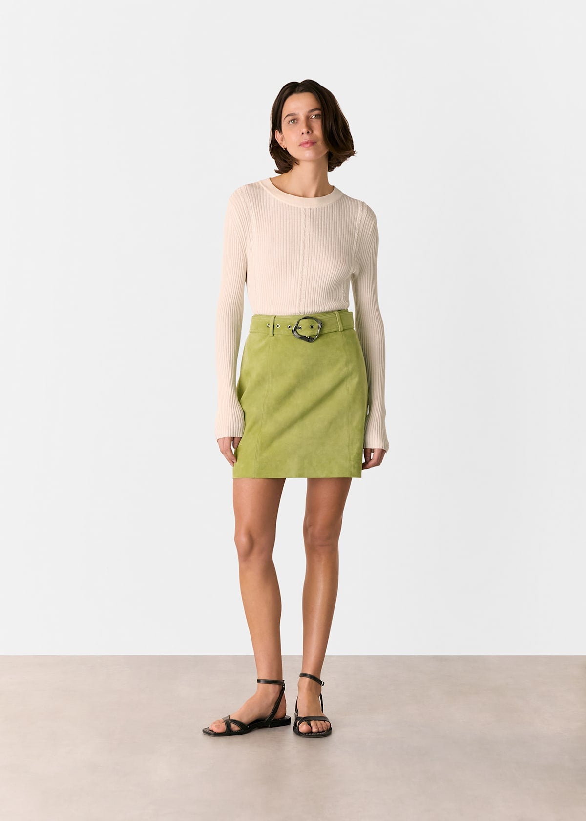 Olive Suede Belted Mini Skirt