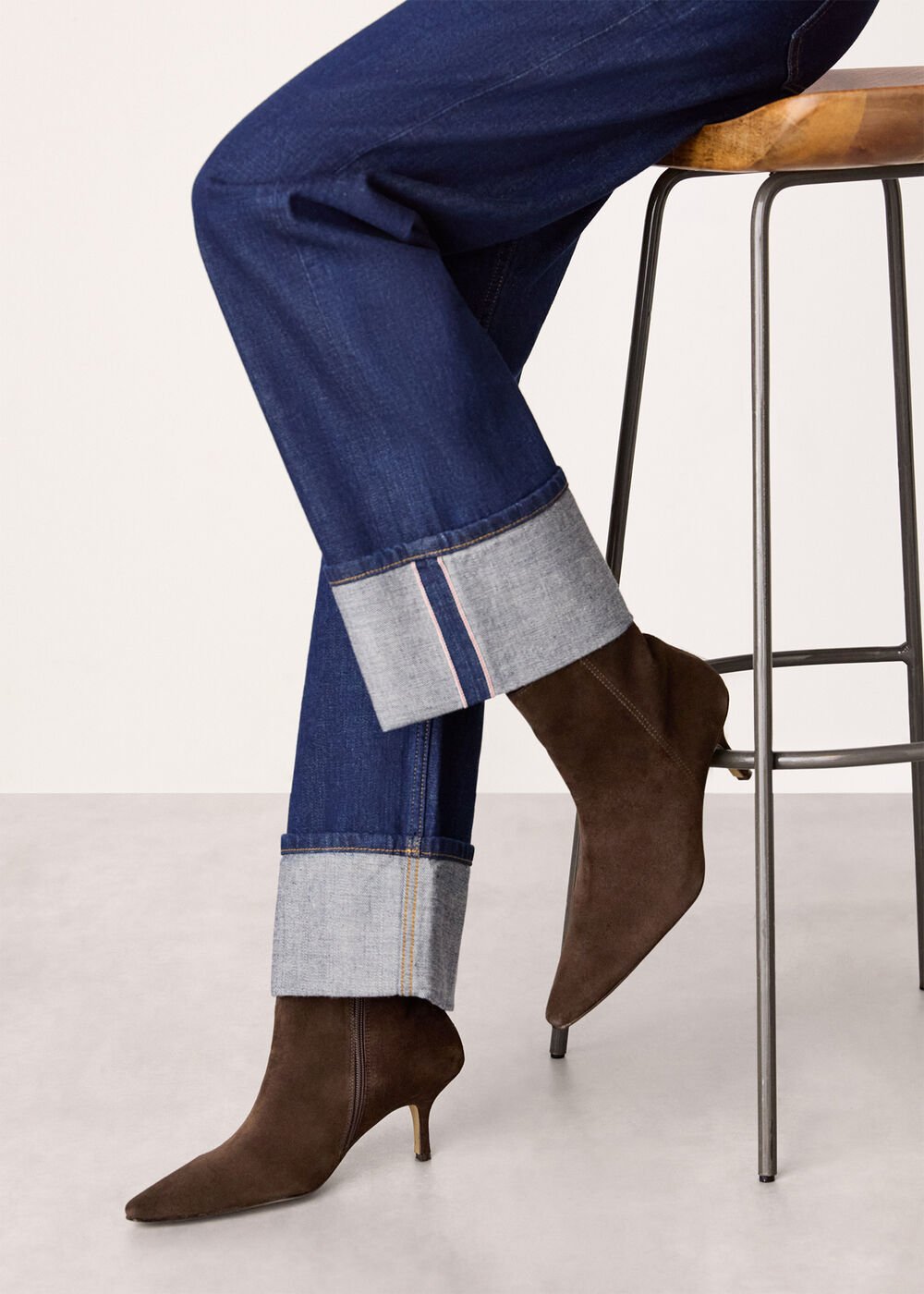 Chocolate Suede Pointed Kitten Heel Boots