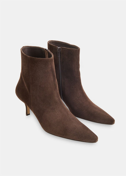 Chocolate Suede Pointed Kitten Heel Boots