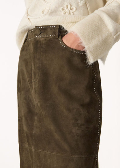 Olive Suede Studded Column Skirt