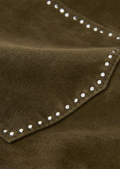 Olive Suede Studded Column Skirt