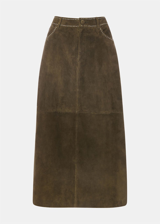 Olive Suede Studded Column Skirt