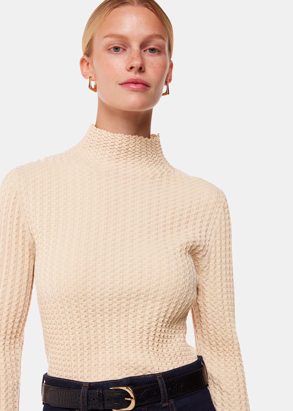 Ivory Textured Detail High Neck Knit