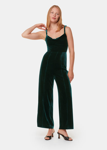 Dark Green Twist Strap Velvet Jumpsuit