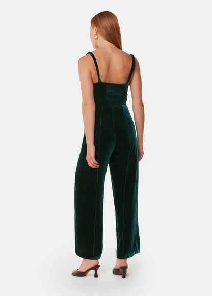 Dark Green Twist Strap Velvet Jumpsuit