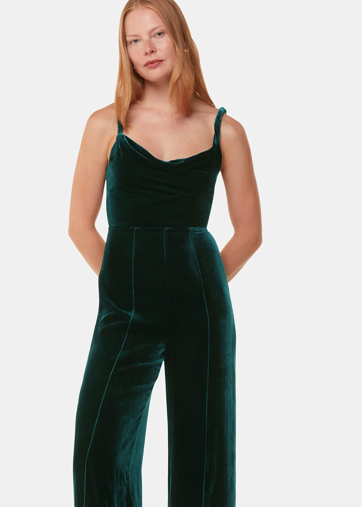 Dark Green Twist Strap Velvet Jumpsuit