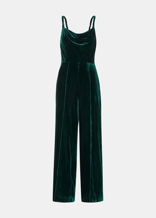 Dark Green Twist Strap Velvet Jumpsuit