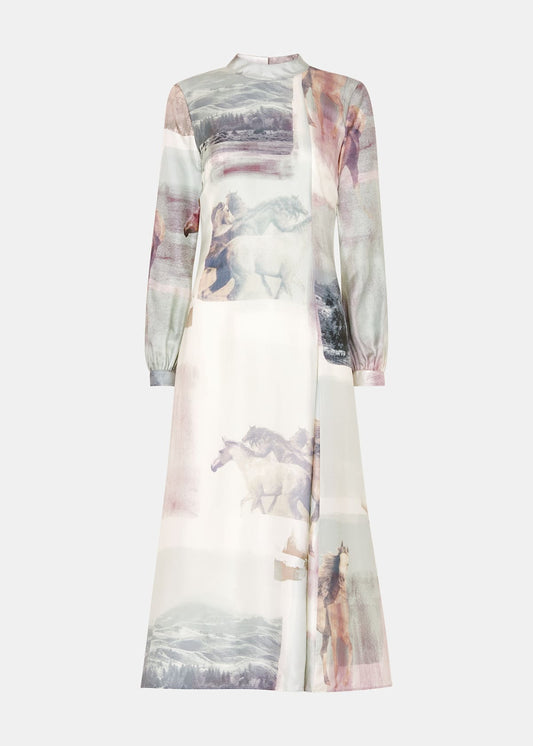 Ivory/Multi Wild Horse Print Silk Dress