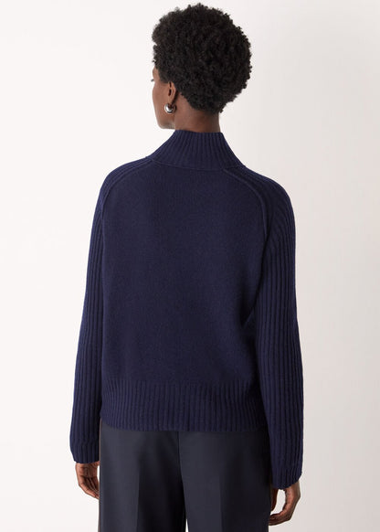 Navy Wool Funnel Neck Knit