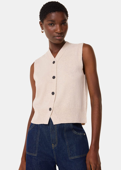 Oatmeal Wool V Neck Button Front Tank Top