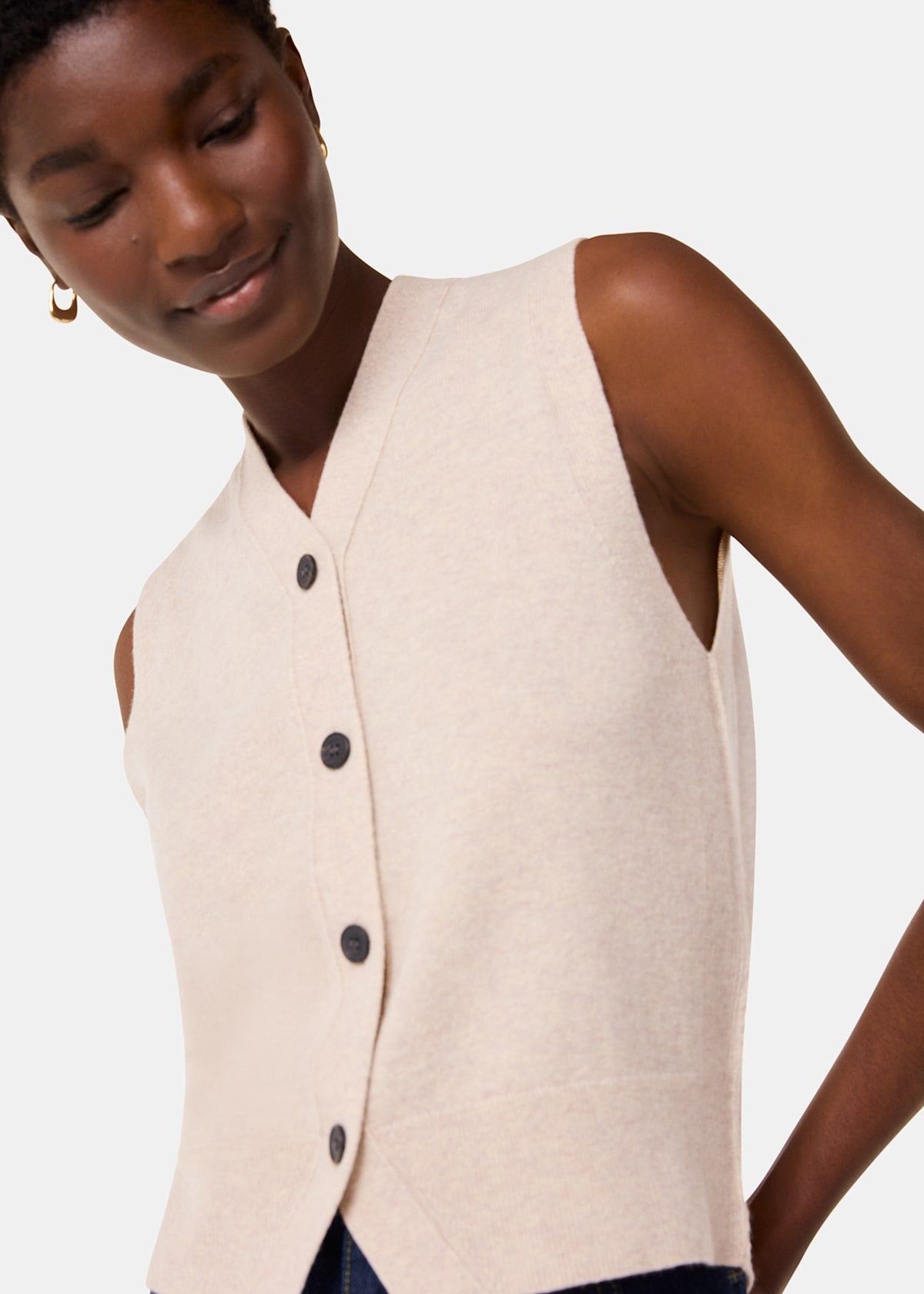 Oatmeal Wool V Neck Button Front Tank Top