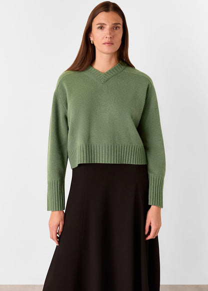 Sage Green Wool V Neck Knitted Jumper