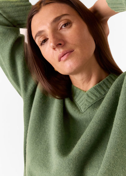 Sage Green Wool V Neck Knitted Jumper