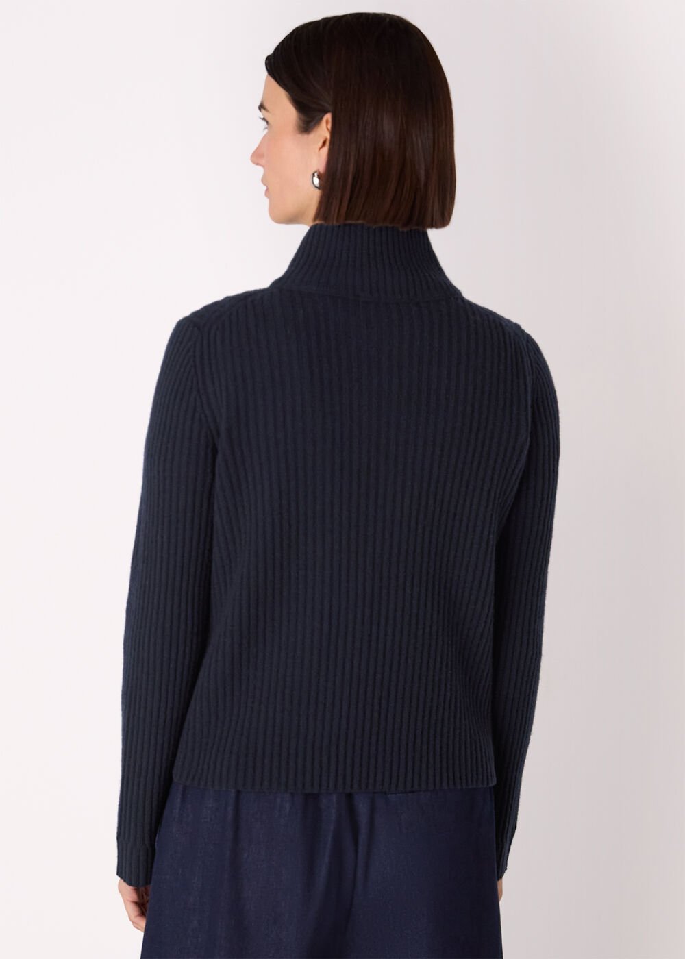 Navy Wool Zip Front Rib Cardigan