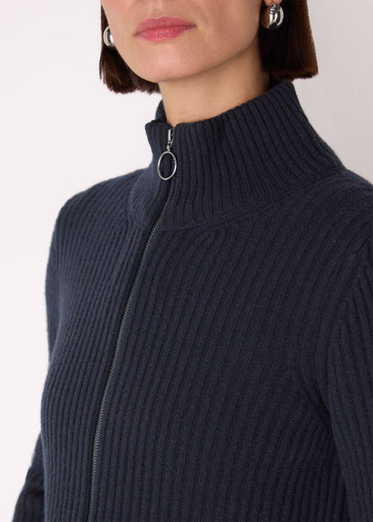 Navy Wool Zip Front Rib Cardigan