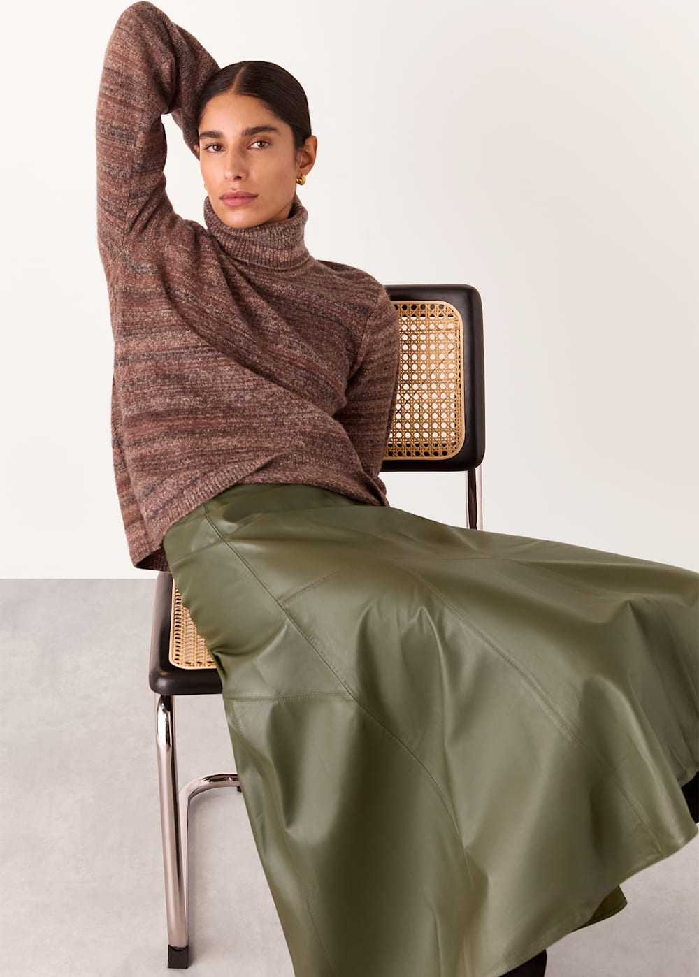 Khaki Zig Zag Panel Leather Skirt