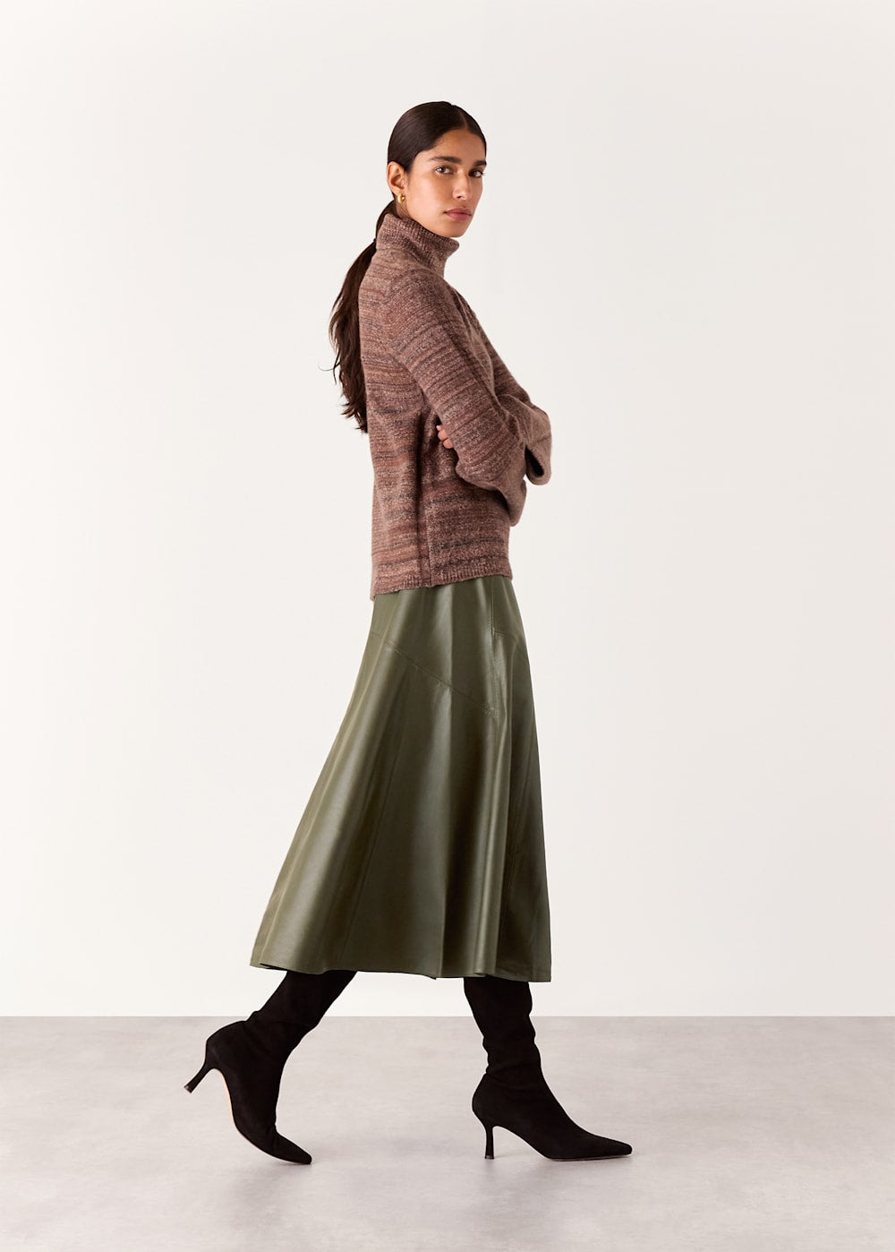 Khaki Zig Zag Panel Leather Skirt