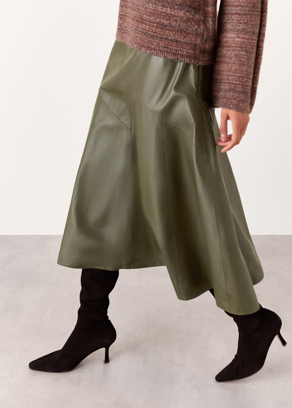 Khaki Zig Zag Panel Leather Skirt