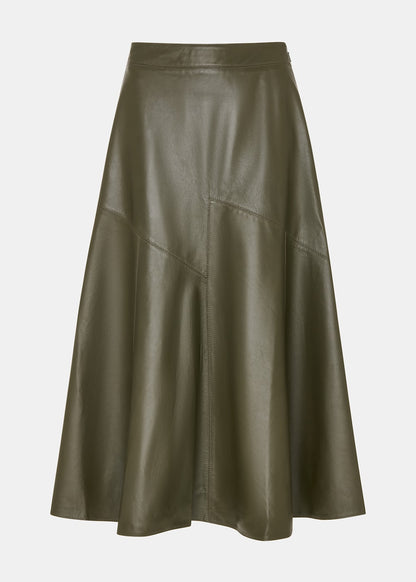 Khaki Zig Zag Panel Leather Skirt